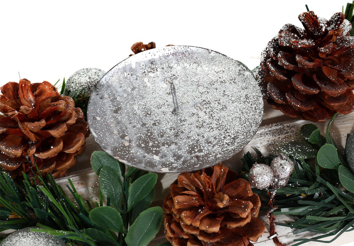 Advent arrangement MCW-M12 met kaarsenhouders, adventskrans kerstdecoratie hout zilver wit 18x49x13cm ~ zonder kaarsen – foto 7