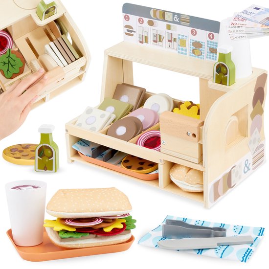 Woet® Houten Sandwich Set - Maak Je Eigen Broodjes Speelset met 16 Accessoires