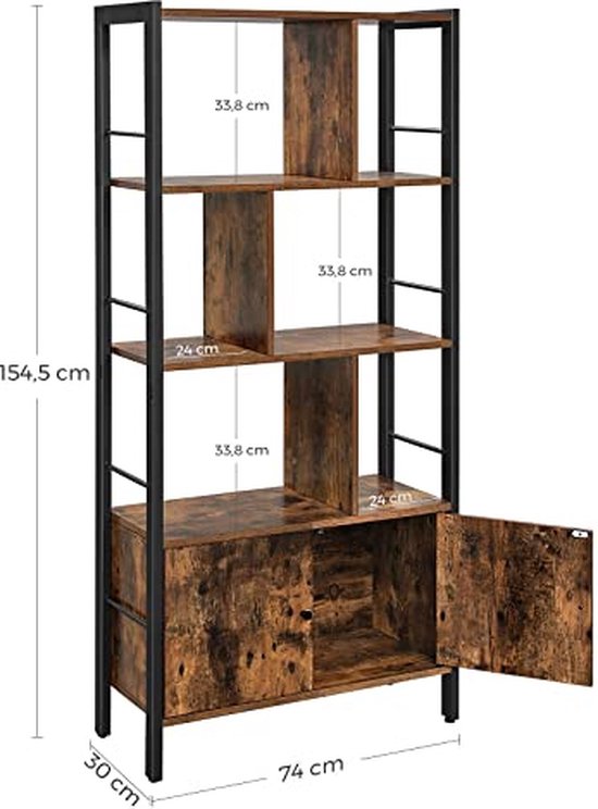 Boekenplank in industriële stijl met deuren en 4 planken | Stabiele stalen structuur | Rustiek bruin en zwart