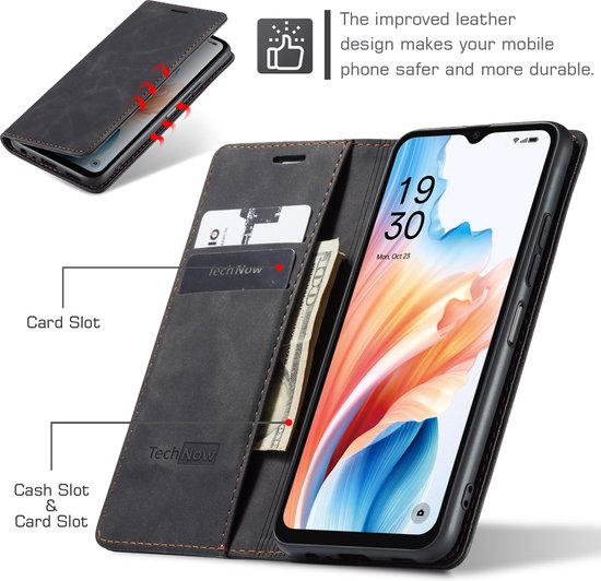 Étui adapté pour Oppo A38 - Book Case Cuir Slimline Zwart