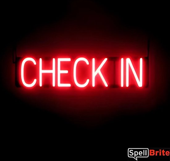 CHECK IN - Lichtreclame Neon LED bord verlicht | SpellBrite | 69 x 16 cm | 6 Dimstanden - 8 Lichtanimaties | Reclamebord neon verlichting