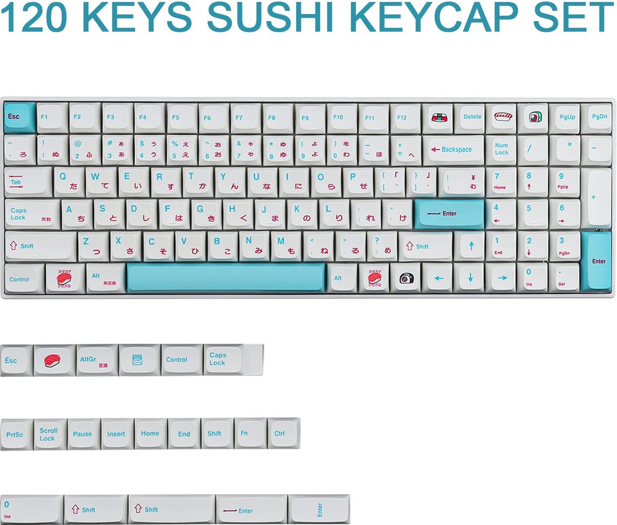 Beroli - PBT Keycaps - 129 Toetsen - Sushi XDA Profiel - Japanse Keycaps - Dye-Sublimatie - Witte Toetsendoppen - voor Cherry Gateron MX Schakelaars - Mechanische Toetsenborden