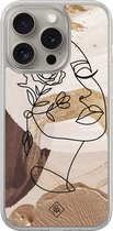 Casimoda® hoesje - Geschikt voor iPhone 15 Pro Max - Abstract Gezicht Bruin - 2-in-1 case - Schokbestendig - Geometrisch patroon - Verhoogde randen - Bruin/beige, Transparant