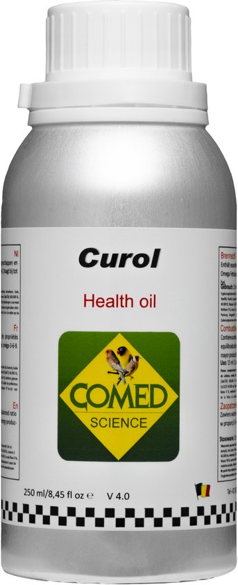 Comed Curol Health oil: zilverkleurige fles met een groen-geel logo van twee vogels.