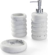 Navaris 3-delige badkamerset golvend marmer- Set van zeepdispenser, tandenborstelbeker en zeepbakje - Badkameraccessoires - Wit golvend marmer kleur