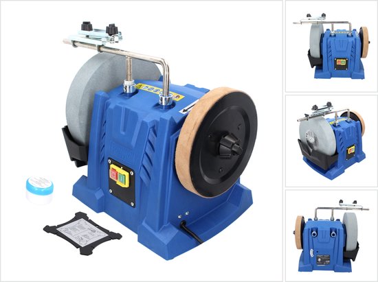 Blauwe natte slijpmachine met grijze steen, bruine polijstwiel en accessoires, in meerdere weergaven.