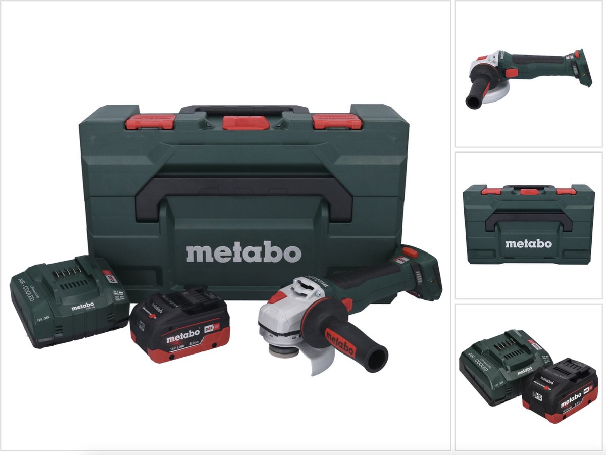 Metabo WB 18 LT BL 11-125 Quick accu haakse slijper 18 V 125 mm borstelloos + 1x oplaadbare accu 8.0 Ah + lader + metaBOX