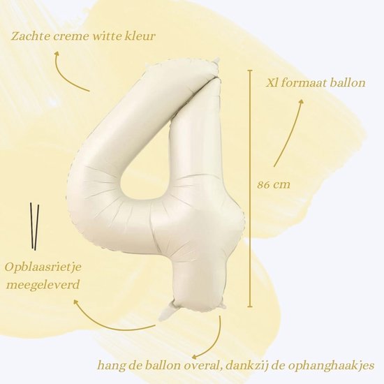 Ballons en forme de chiffre 4, Fête d'anniversaire , Ballons, en aluminium , Wit, taille XL