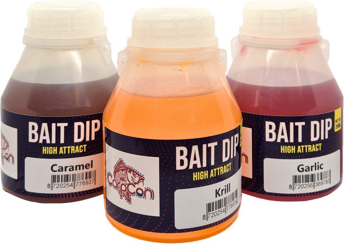 High Attract Bait Dip 'Trio' - 3x 250ml - Garlic, Caramel & Krill - Voordeelpakket Karper Lokvoer - Vissen Lokaas - Voor aas/boilies