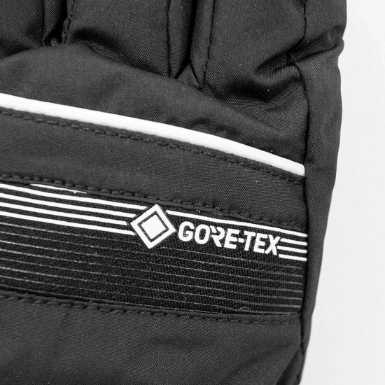 Close-up van zwarte ski-handschoen met "GORE-TEX" label en witte bies.