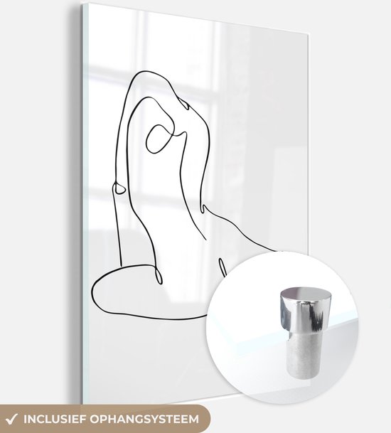 MuchoWow® Glasschilderij 90x120 cm - Schilderij acrylglas - Line art zittende naakte vrouw staand - Foto op glas - Schilderijen