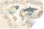 Sticker Muursticker Cartes du monde du Wereldkaart - Carte du monde avec des pays de différentes couleurs avec fond papier journal - 90x60 cm - Film adhésif autocollant - Sticker mural repositionnable