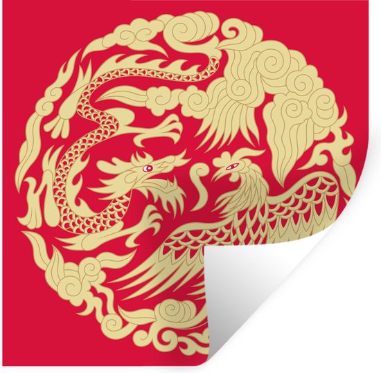 Muurstickers - Sticker Folie - Traditionele Chinese illustratie van een draak en een feniks - 120x120 cm - Plakfolie - Muurstickers Kinderkamer - Zelfklevend Behang XXL - Zelfklevend behangpapier - Stickerfolie