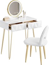 Make-uptafel met ledverlichting in 3 lichtkleuren, gevoerde fluwelen stoel, Kaptafel met 2 schuifladen van massief hout, met 3D-effect, 360° draaibare spiegel, wit + goud