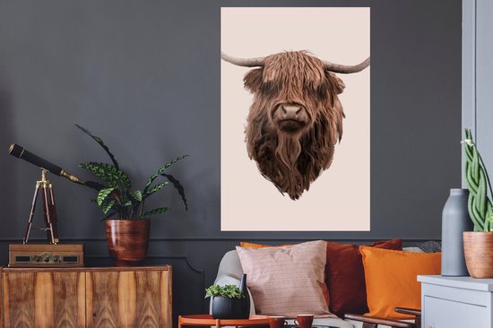 Muurstickers - Sticker Folie - Kop - Schotse Hooglander - Illustratie - 80x120 cm - Plakfolie - Muurstickers Kinderkamer - Zelfklevend Behang - Zelfklevend behangpapier - Stickerfolie