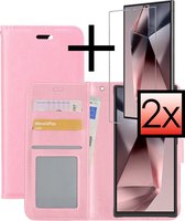 Hoes Geschikt voor Samsung S24 Ultra Hoesje Book Case Hoes Flip Cover Wallet Bookcase Met 2x Screenprotector - Lichtroze