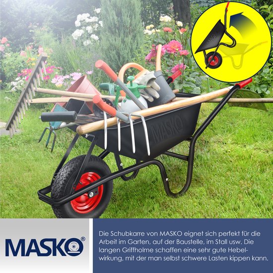 MASKO® Kruiwagen 100L met Luchtbanden max. 250kg laadvermogen inclusief Handschoenen - Zwart van Merkloos	 — afbeelding 2
