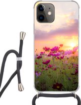 Hoesje met koord Geschikt voor iPhone 11 - Zonsondergang - Bloemen - Roze - Natuur - Groen - Siliconen - Crossbody - Backcover met Koord - Telefoonhoesje met koord - Hoesje met touw