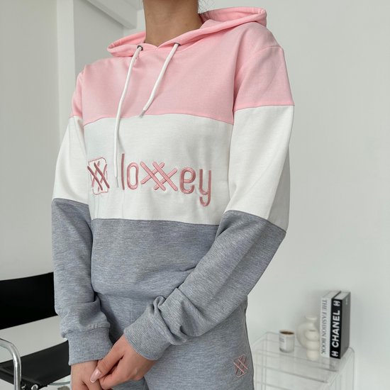 Loxxey® - Katoen - Vrijetijdspak - Joggingpak - Huispak - Home Wear - Hoodie - Trainingspak - Tracksuit - 1 Set (2 Delig) - Dames - Maat L - Poederroze / Grijs