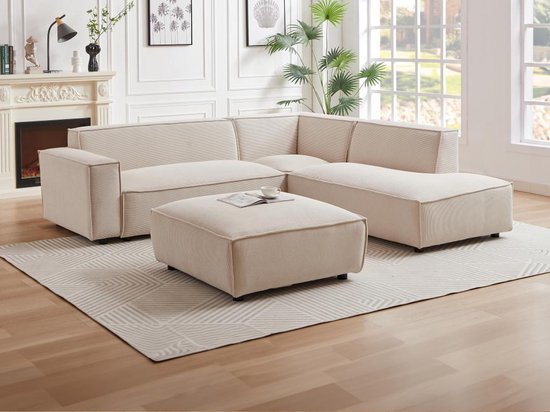 Canapé d'angle avec coin droit en velours côtelé beige BORORE L 256 cm x H 75 cm x P 231 cm