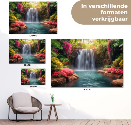 Une affiche d'une cascade tropicale, présentée en différentes tailles : 120x80 cm, 90x60 cm, 60x40 cm et 180x120 cm.