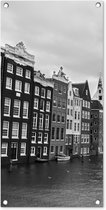 Tuinposter Amsterdamse grachten zwart-wit fotoprint - 40x80 cm - Wanddecoratie Buiten - Tuinposter - Tuindoek - Schuttingposter - Tuinschilderij