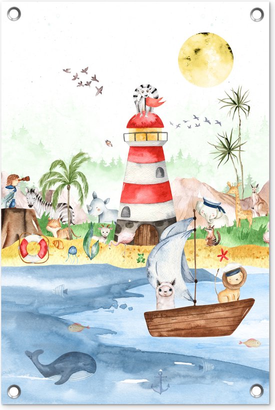 Tuindecoratie Strand - Dieren - Kinderen - Vuurtoren - Jongens - 40x60 cm - Tuinposter - Tuindoek - Buitenposter