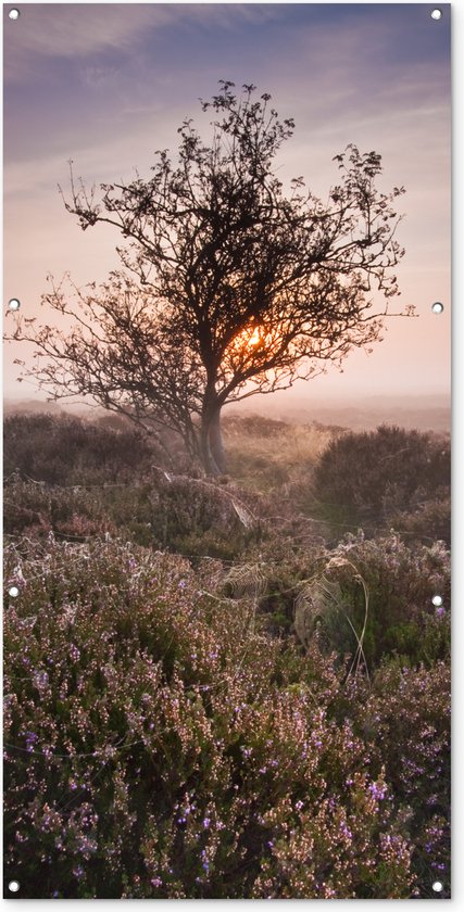 Foto: Wanddecoratie buiten de heide bij zonsopgang 80x160 cm tuindoek buitenposter