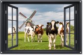 Tuinposter Doorkijk - Koe - Molen - Koeien - Weiland - Gras - Groen - 120x80 cm - Tuindoek - Buitenposter