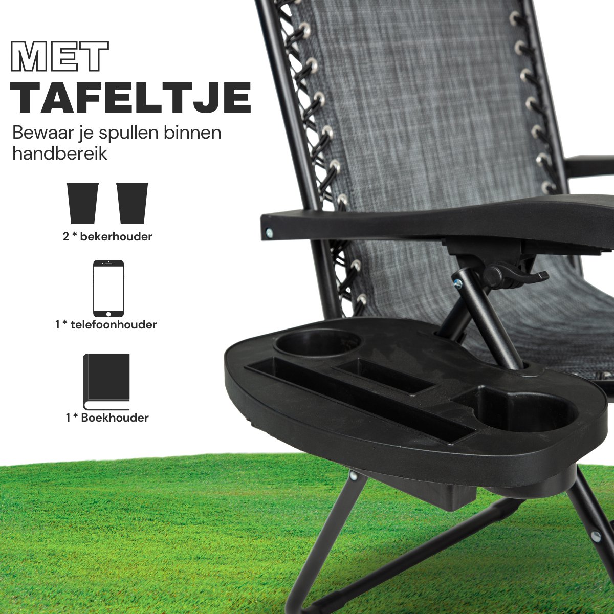 Vaive Luxe Tuinstoelen Duoset - Verstelbare Tuinstoel en Ligstoel - 30°-90° Verstelbaar - Tuin - Metaal - Zwart thumbnail 4