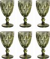 Vintage set van 6 gekleurde wijnglazen, drinkglazen met reliëf (rombos/groen/250 ml), bruiloftsglazen, champagneglazen, karaf, dessertkom, glazen kelk, drinkglas, wijnglas, waterglas,