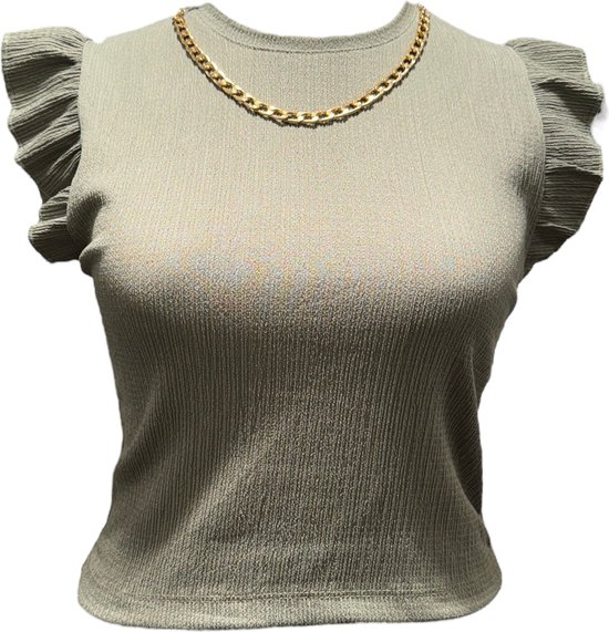 Dames blouse shirt met ruches en gouden ketting ronde hals | Groen