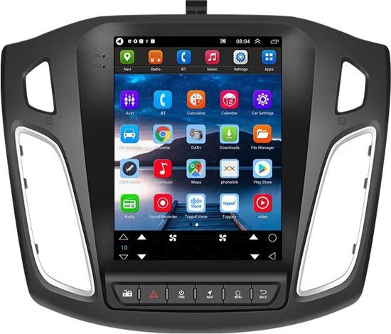 Zwart touchscreen autoradio met veelkleurige app-icoontjes, navigatie-, radio-, muziek- en instellingenmenu's.
