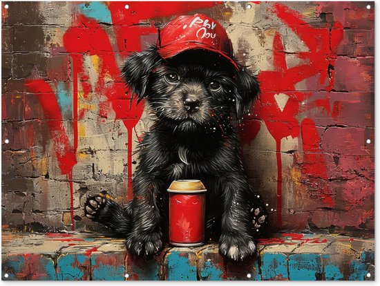 Tuinposter 160x120 cm - Tuindecoratie - Graffiti - Hond - Pet - Puppy - Rood - Street art - Dier - Poster voor in de tuin - Buiten decoratie - Schutting tuinschilderij - Muurdecoratie - Tuindoek - Buitenposter..
