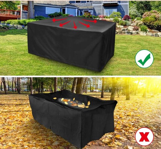 Zwarte hoes voor een tuintafel op gras, met rode pijlen die luchtdoorstroming aangeven. Onderste foto: dezelfde hoes met bladeren.