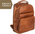 Bruine leren rugzak met "Kjeld's Choice" tekst.