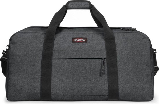 Grijze Eastpak reistas met zwarte hengsels en een voorvak met rits.