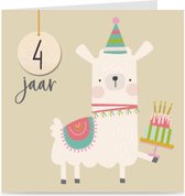 Verjaardagskaart met leeftijd voor kinderen | LAMA | 4 jaar | kaart met envelop | jongen / meisje