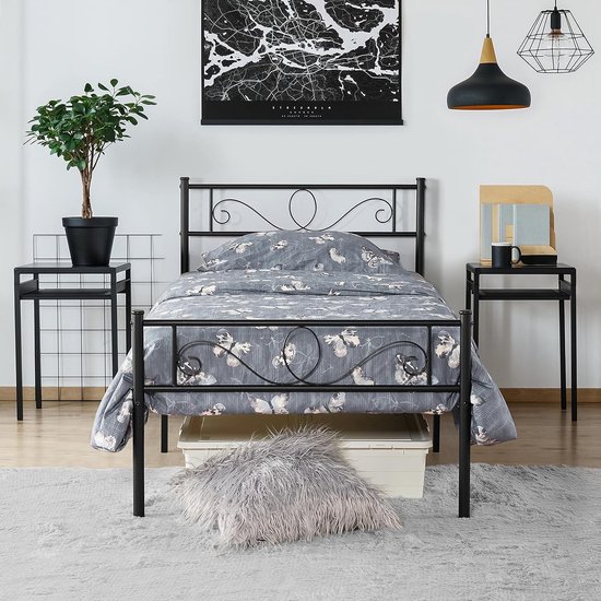 Yaheetech Eenpersoonsbedframe, eenpersoonsbed, metalen bed met lattenbodem, bedframe voor slaapkamer, 90 x 190 cm