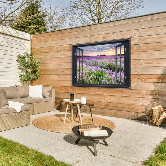Tuinposter 120x80 cm - Tuindecoratie Doorkijk - Bloemen - Landschap - Raam - Poster voor in de tuin - Buiten decoratie - Schutting tuinschilderij - Tuindoek muurdecoratie - Wanddecoratie balkondoek