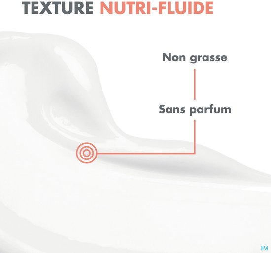 Witte crème met rode tekst "Texture nutri-fluide".