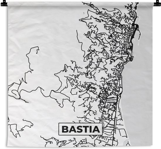 Wandkleed - Wanddoek - Frankrijk – Kaart – Plattegrond – Stadskaart - Bastia - Zwart wit - 120x120 cm - Wandtapijt
