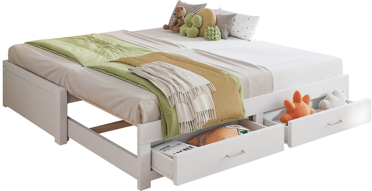Merax Slaapbank 90/180x190 cm - Uitschuifbaar Logeerbed - Wit - Hout - Met 2 Schuifladen - Zonder Matras