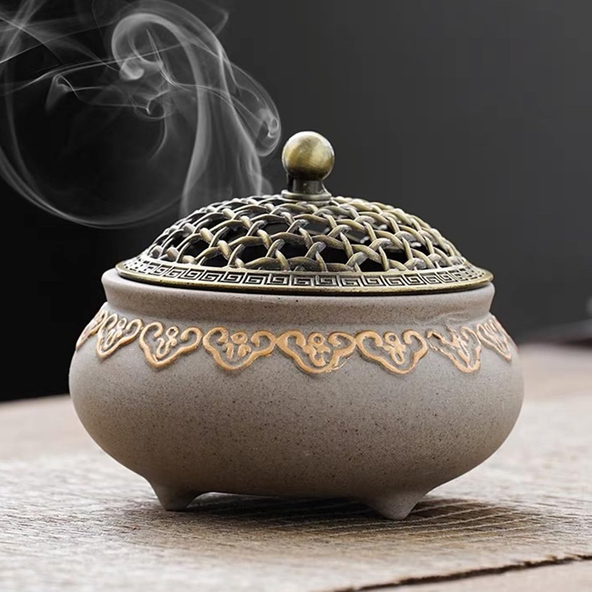 Dailygoods - Vintage keramische wierookbrander, wierookbrander, houder rond, Chinees porselein, rookschaal met metalen deksel en vuurvast, voor thuis, woonkamer, meditatieruimte, kantoordecoratie