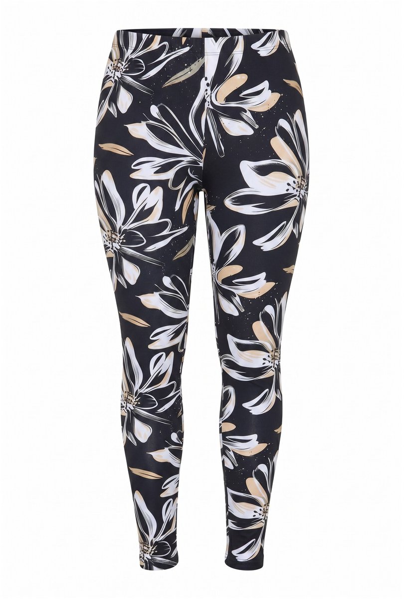 MIAMODA - Dames - Legging tight fit bloemenpatroon - Zwart - Maat 42