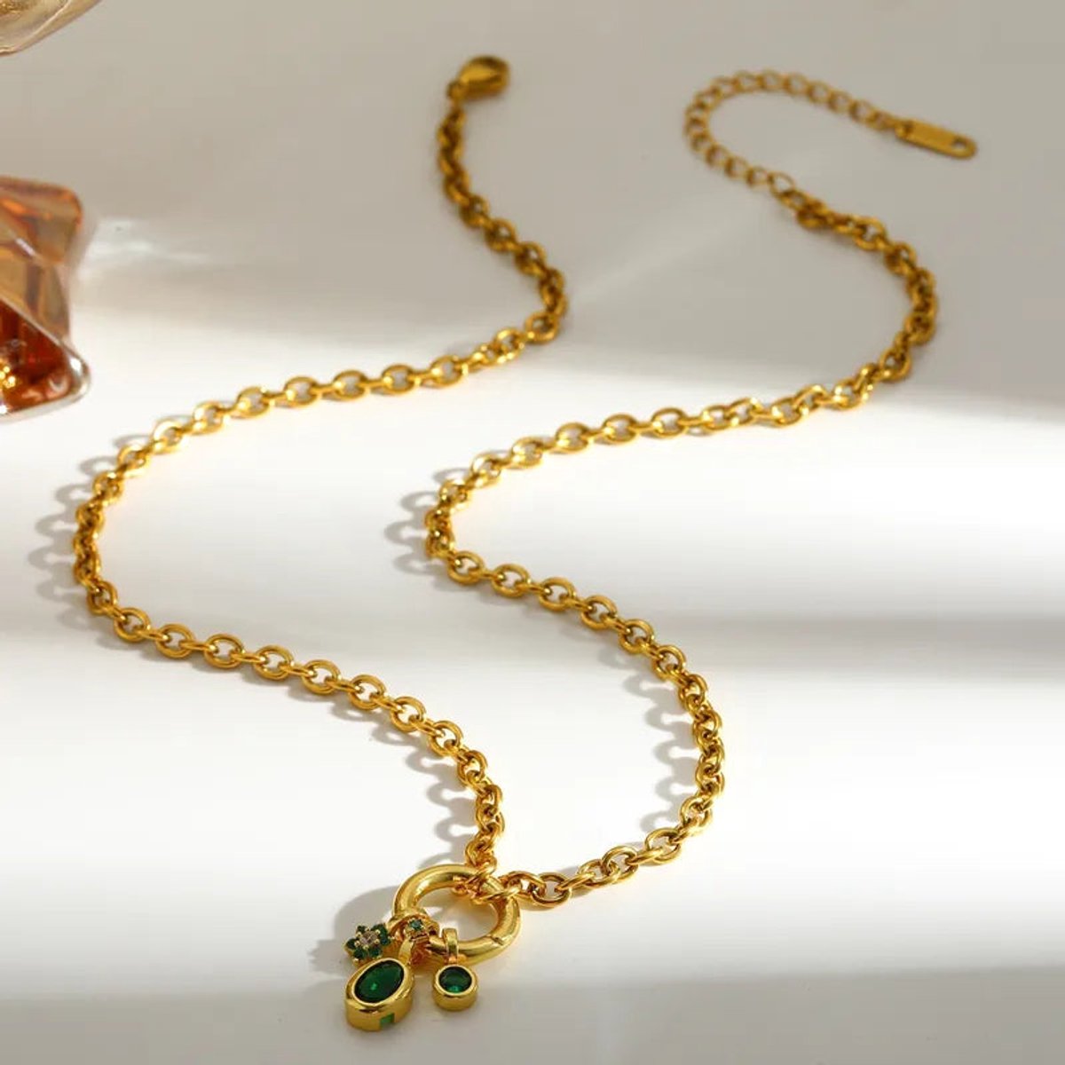 Stalen Ankerketting met 3 Zirkonia Bedels Goudkleurig RVS – 4mm 42cm - gold - Transparant