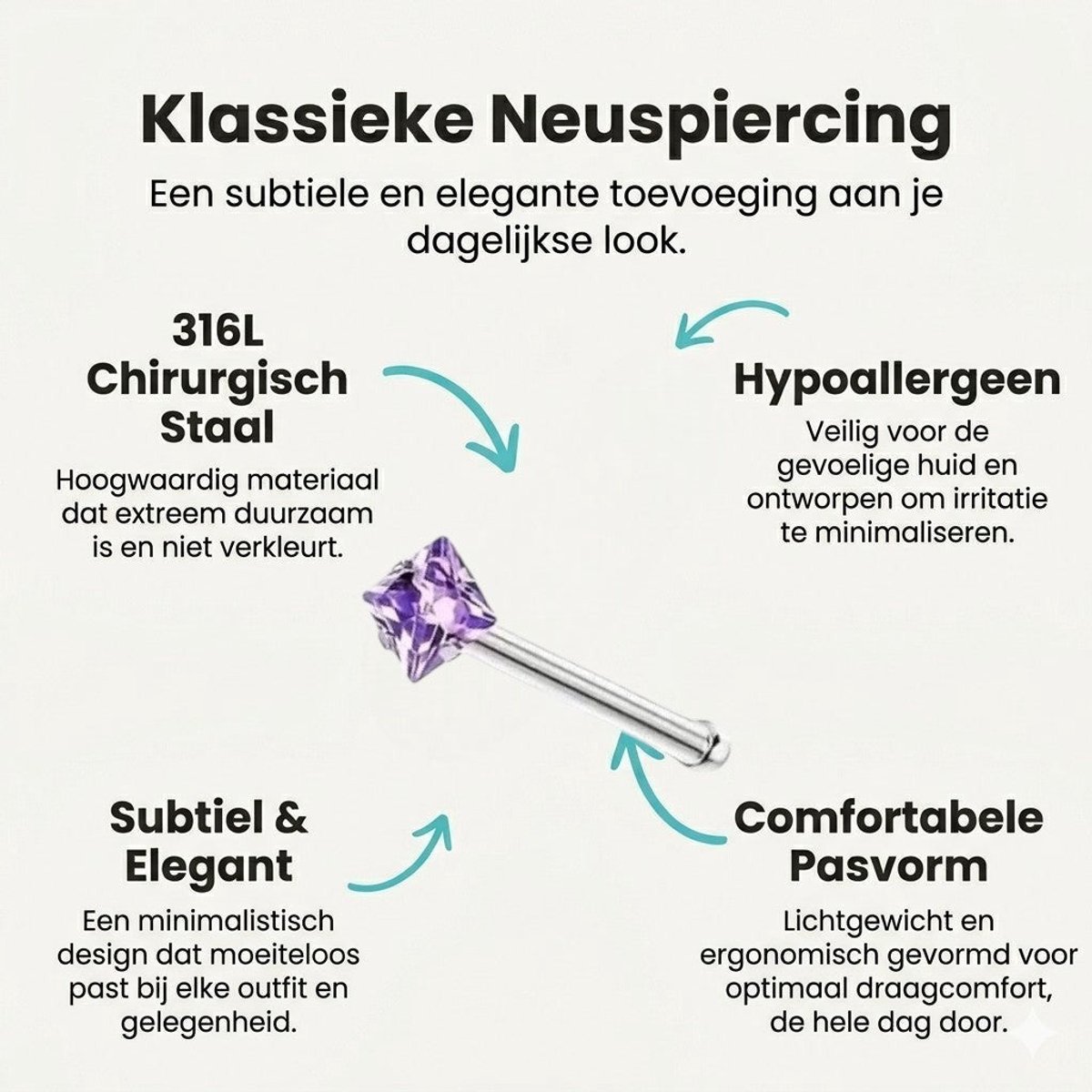 Stalen Neuspiercing Vierkante Zirkonia 2mm – Recht Staafje – AB Transparant