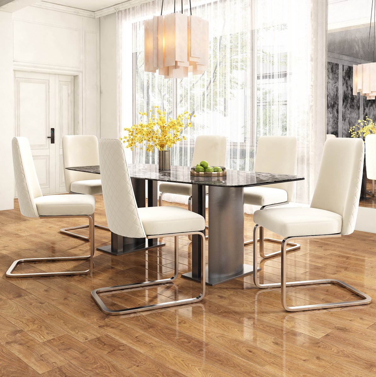 Eetkamerstoel Set van 4 - Ruitvormige Rugleuning Met Zachte Bekleding en Metalen Onderstel - Voor Eetkamer Woonkamer en Slaapkamer - Fluweel Beige