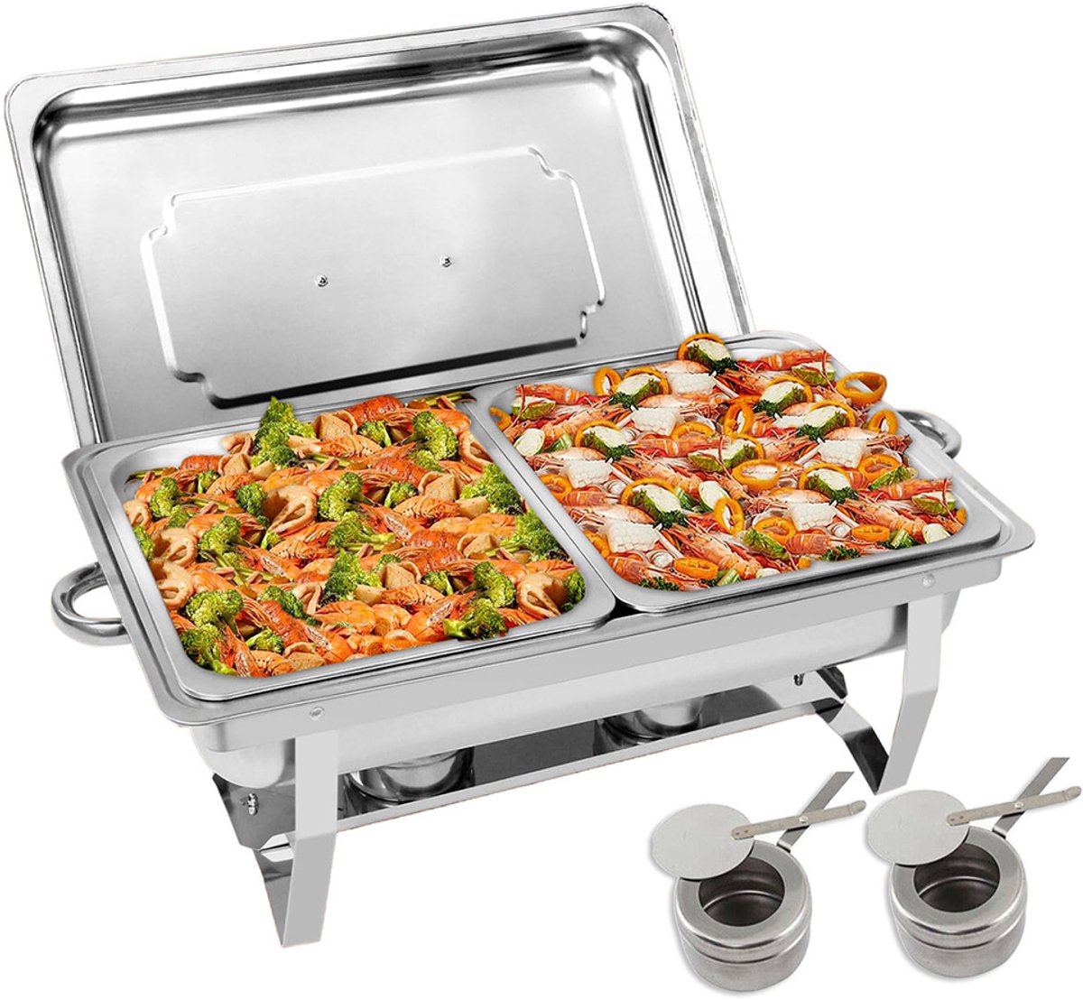 Geïsoleerde voedselwarmer – Buffetwarmer – Verwarmen en warmhouden – Twee compartimenten – Met brandstofmat – 55,2*35,2*26,3 mm – 9 liter – Roestvrij staal – Zilver