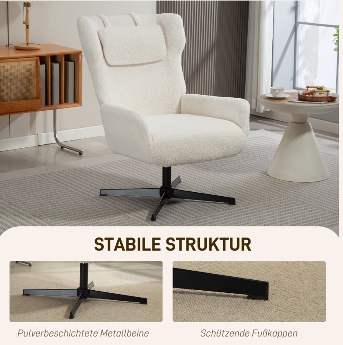 STILVORA Fauteuil 74 x 86,5 x 102 Cm - 360 Graden Draaibaar Met Hoge Rugleuning En Armleuningen - Voor Woonkamer Of Leeshoek - Stof Crèmewit